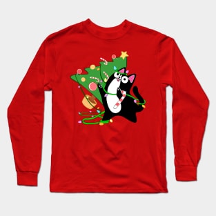 Christmas Tuxedo Cat knocks over tree funny holiday kitty Long Sleeve T-Shirt